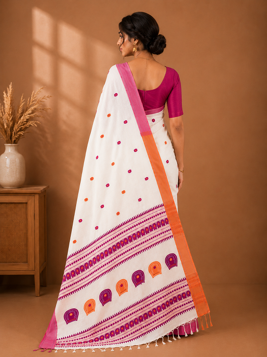 Premium Assam Kulo Khadi Saree – Ivory White with Pink Border