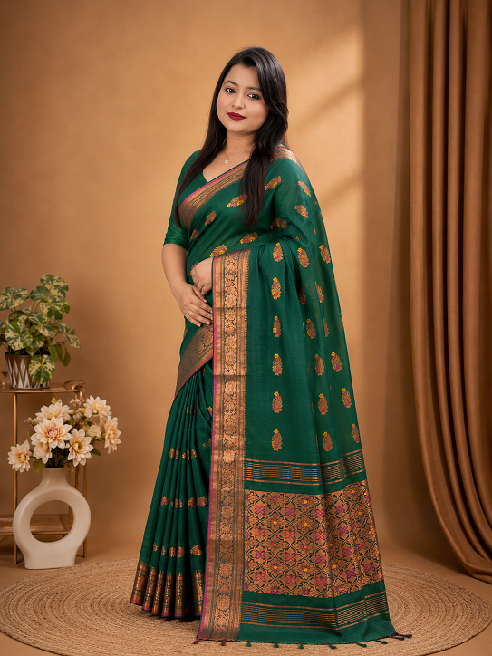 Premium Handloom Banarasi Saree – Emerald Green with Rich Zari Border