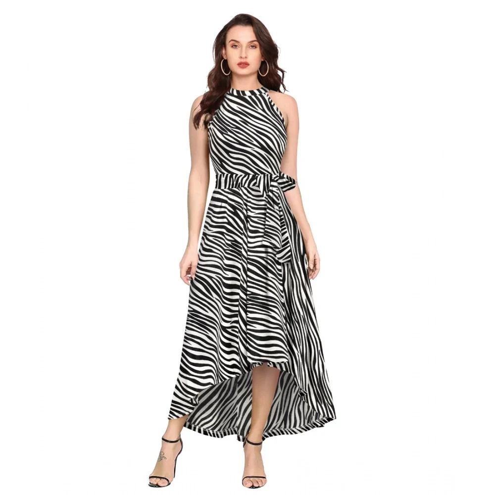 Women's Polyester Zebra Pattern Halter Neck Sleeveless Dress (White)  BSB71DYYYlt_S47_Zibra_Wht_L