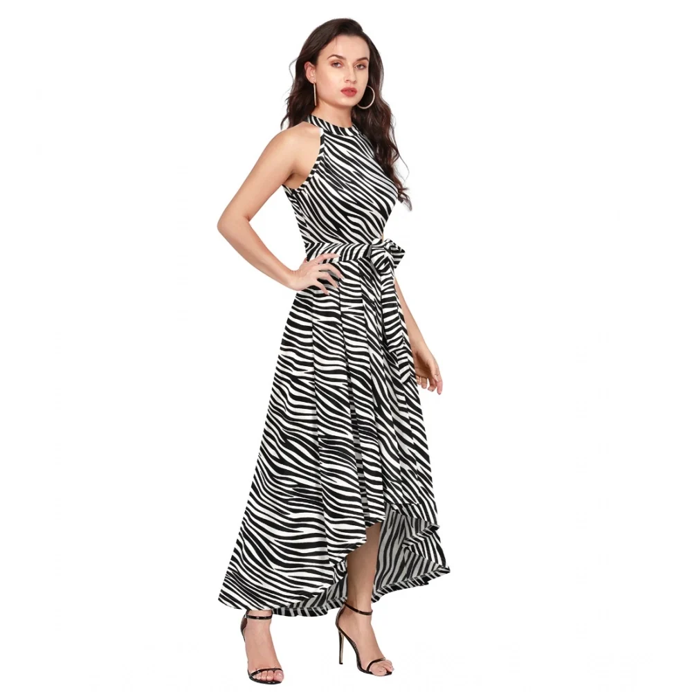 Women's Polyester Zebra Pattern Halter Neck Sleeveless Dress (White)  BSB71DYYYlt_S47_Zibra_Wht_L