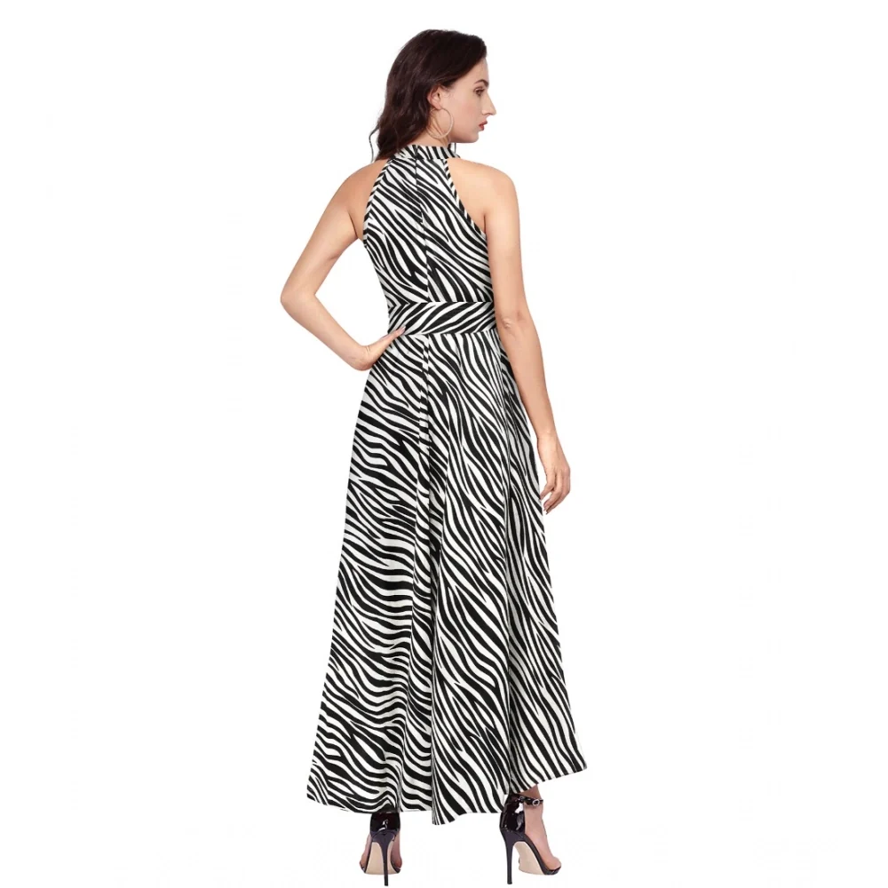 Women's Polyester Zebra Pattern Halter Neck Sleeveless Dress (White)  BSB71DYYYlt_S47_Zibra_Wht_L
