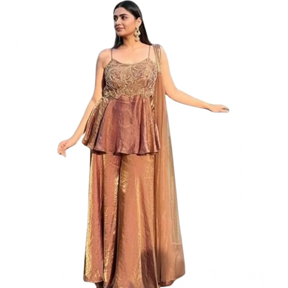 Women's Silk Embroidered Sleeveless Round Kurti With Palazzo Pant and Dupatta Set (Brown)        A3512222210_L 