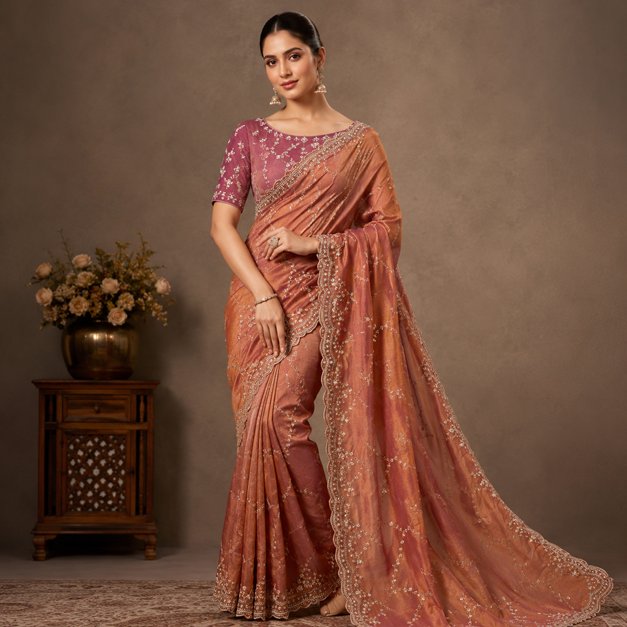 Women's Silk Embellished Saree With Unstitched Blouse 5.5Mtr (Peach)      A871692685