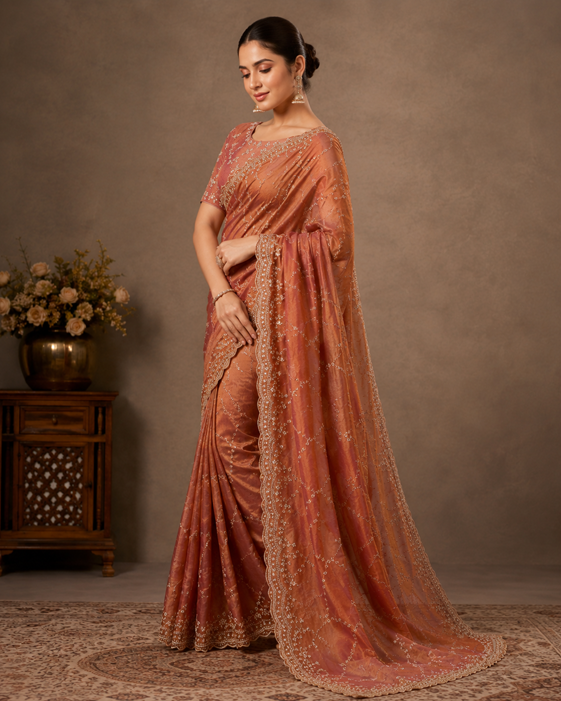 Women's Silk Embellished Saree With Unstitched Blouse 5.5Mtr (Peach)      A871692685