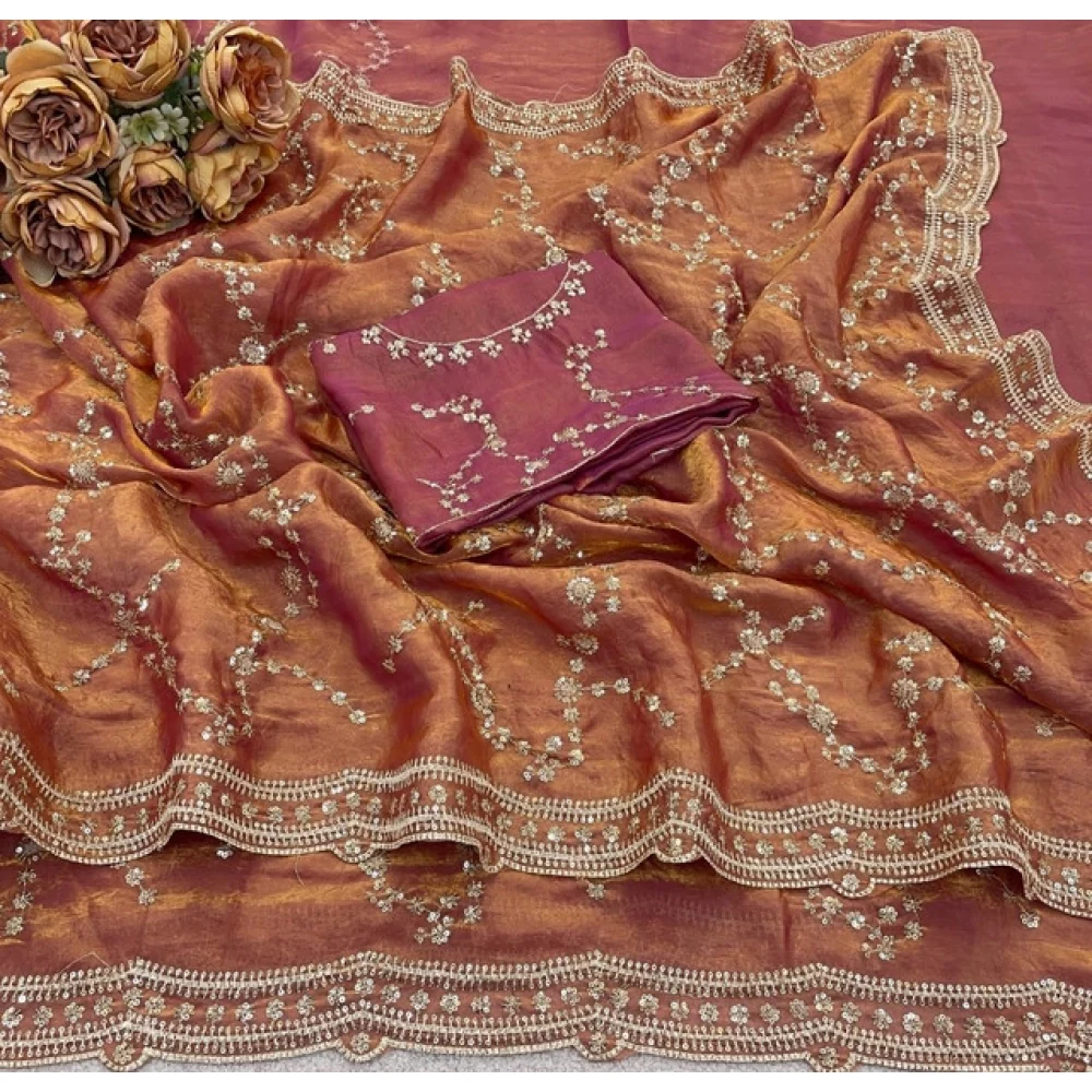 Women's Silk Embellished Saree With Unstitched Blouse 5.5Mtr (Peach)      A871692685