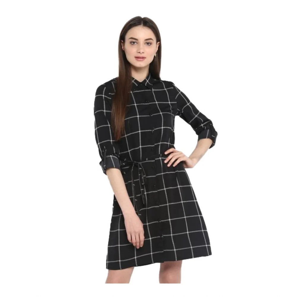 Women's Polyester Checkered Roll Up Sleeve Above Knee Dress (Black - White)  BSB1833YYY322_XL