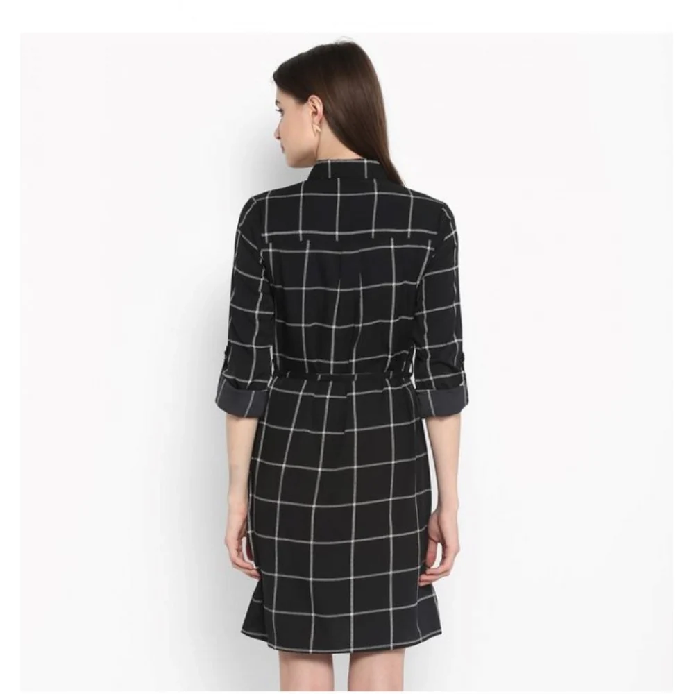 Women's Polyester Checkered Roll Up Sleeve Above Knee Dress (Black - White)  BSB1833YYY322_XL