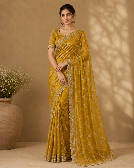 Women's Silk Embellished Saree With Unstitched Blouse 5.5Mtr (Mustard-Yellow)        A871692686