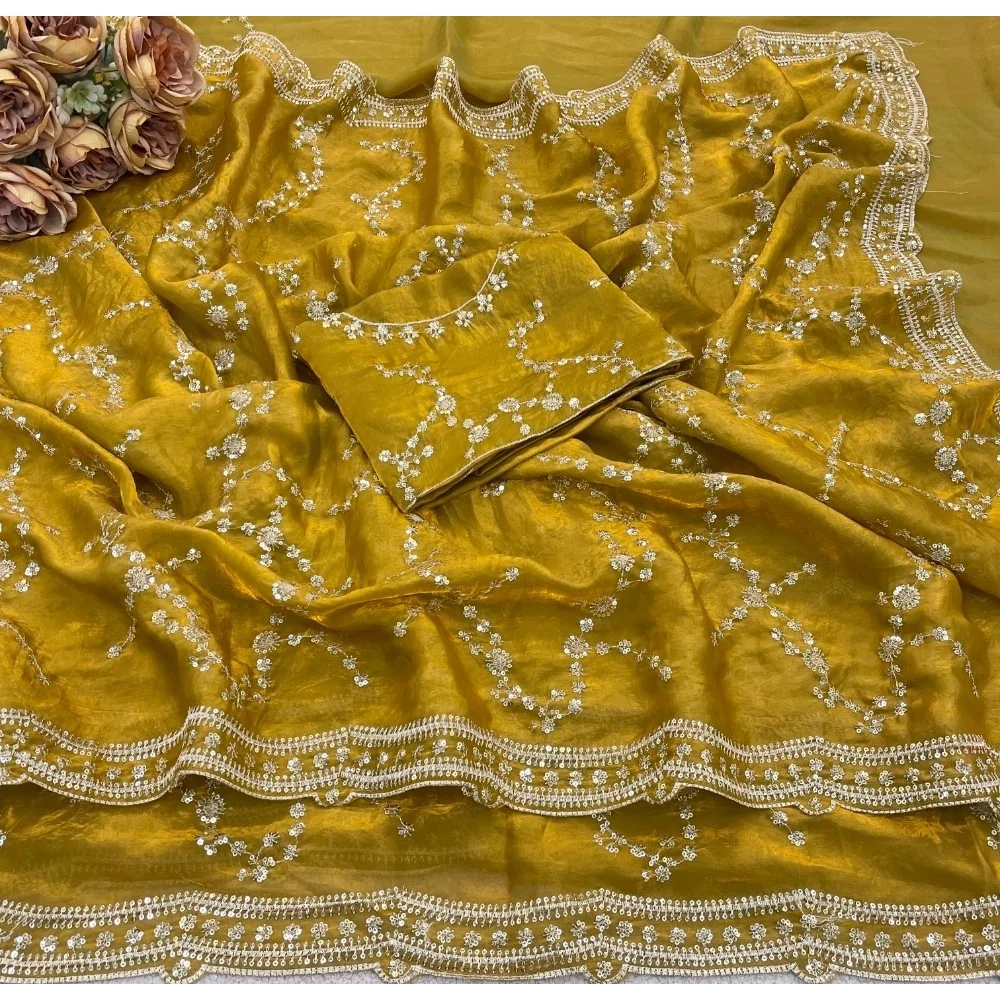 Women's Silk Embellished Saree With Unstitched Blouse 5.5Mtr (Mustard-Yellow)        A871692686