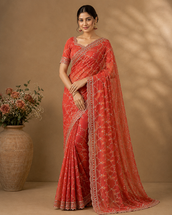 Women's Silk Embellished Saree With Unstitched Blouse 5.5Mtr (Orange)          A871692683