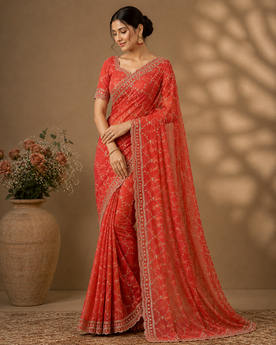 Women's Silk Embellished Saree With Unstitched Blouse 5.5Mtr (Orange)          A871692683