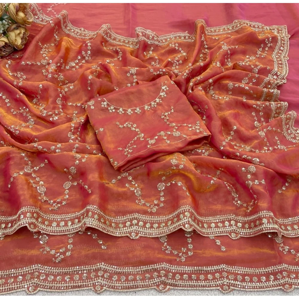 Women's Silk Embellished Saree With Unstitched Blouse 5.5Mtr (Orange)          A871692683