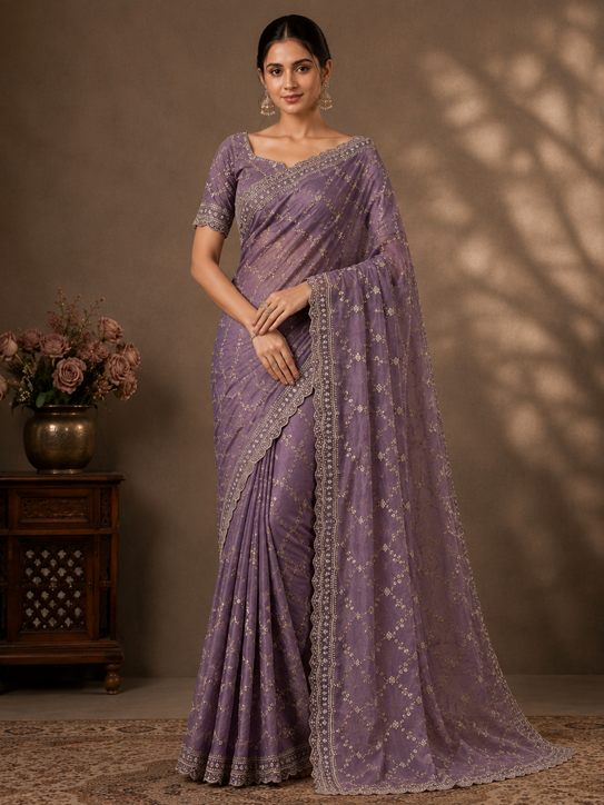 Women's Silk Embellished Saree With Unstitched Blouse 5.5Mtr (Lavender)       A871692682