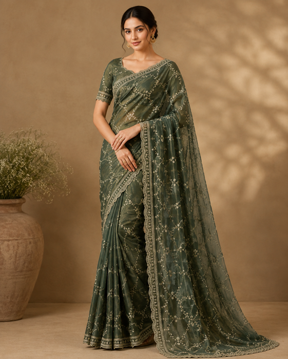 Women's Silk Embellished Saree With Unstitched Blouse 5.5Mtr (Green)          A871692681