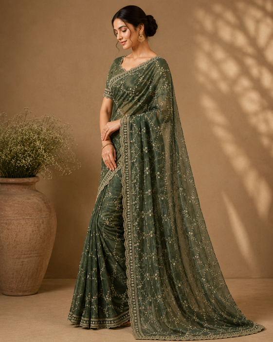 Women's Silk Embellished Saree With Unstitched Blouse 5.5Mtr (Green)          A871692681