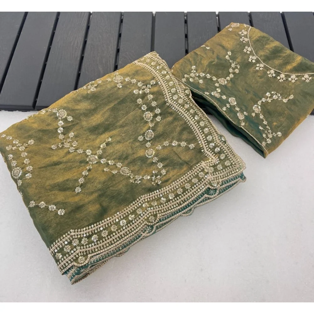 Women's Silk Embellished Saree With Unstitched Blouse 5.5Mtr (Green)          A871692681