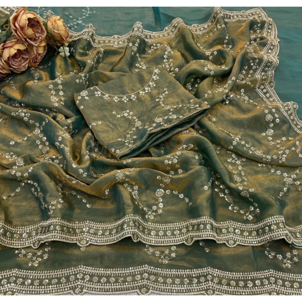 Women's Silk Embellished Saree With Unstitched Blouse 5.5Mtr (Green)          A871692681