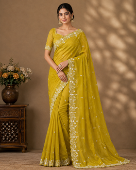 Women's Star Georgette Embroidered Saree With Unstitched Blouse 5.5Mtr (Mustard Yellow)        A871692647