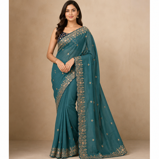 Women's Star Georgette Embroidered Saree With Unstitched Blouse 5.5Mtr (Sea Green)      A871692646