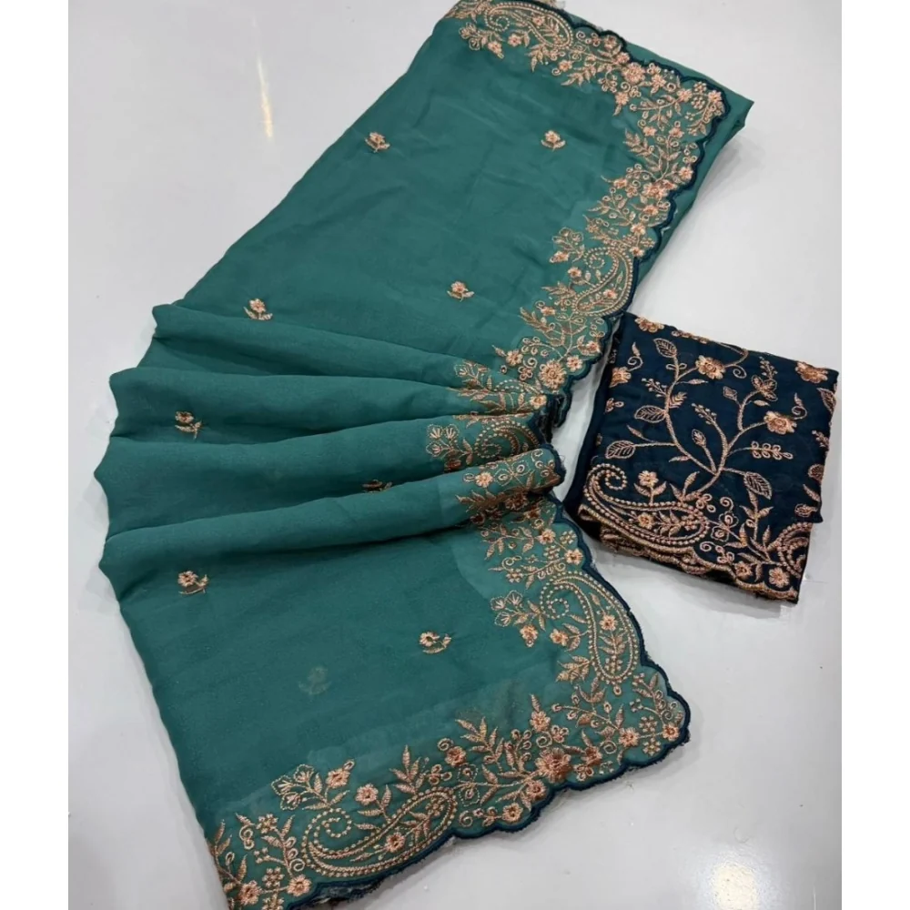 Women's Star Georgette Embroidered Saree With Unstitched Blouse 5.5Mtr (Sea Green)      A871692646