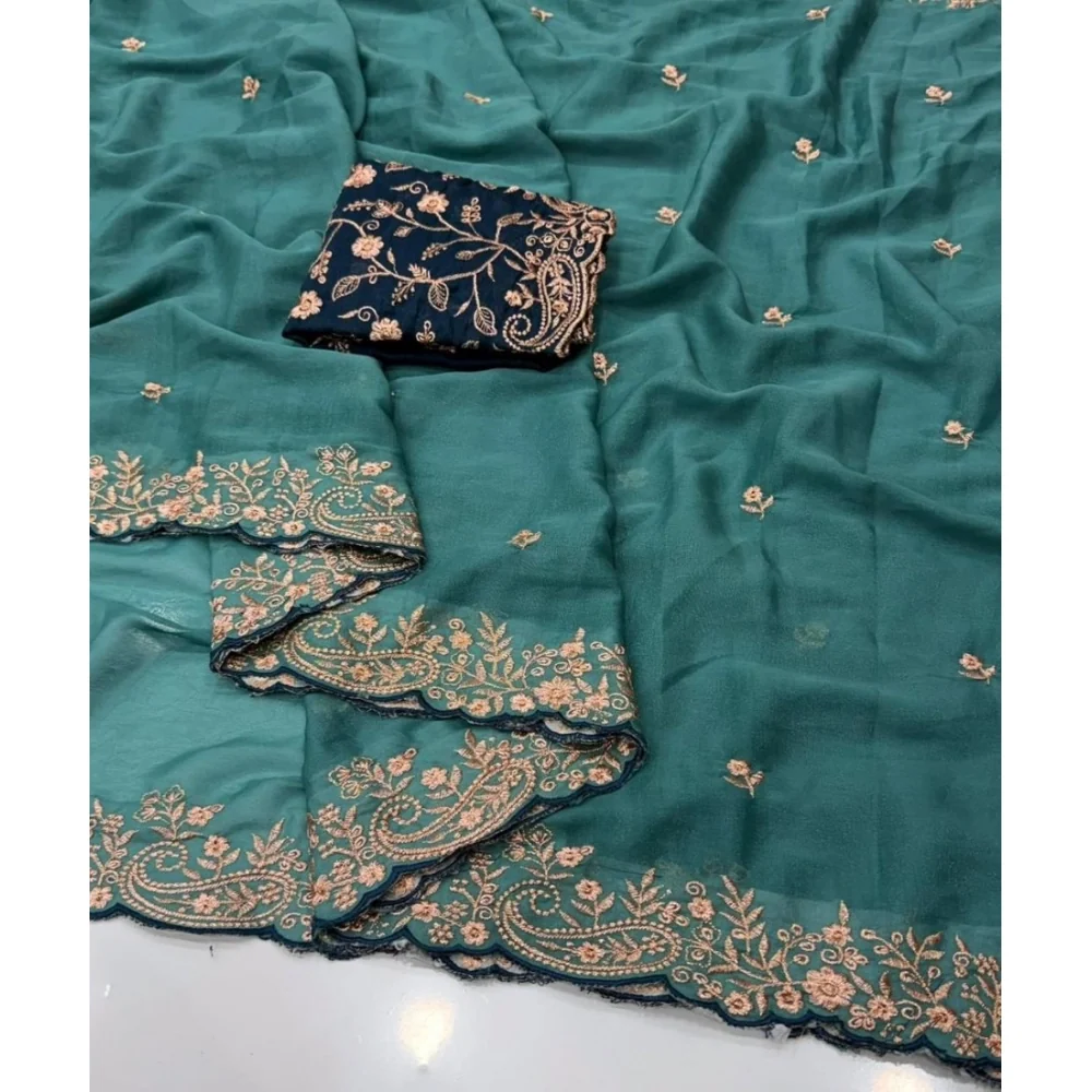 Women's Star Georgette Embroidered Saree With Unstitched Blouse 5.5Mtr (Sea Green)      A871692646