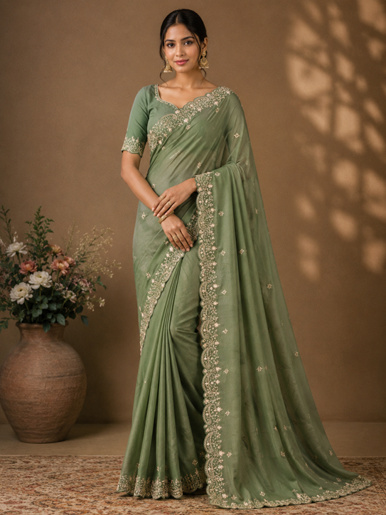 Women's Star Georgette Embroidered Saree With Unstitched Blouse 5.5Mtr (Green)    A871692643