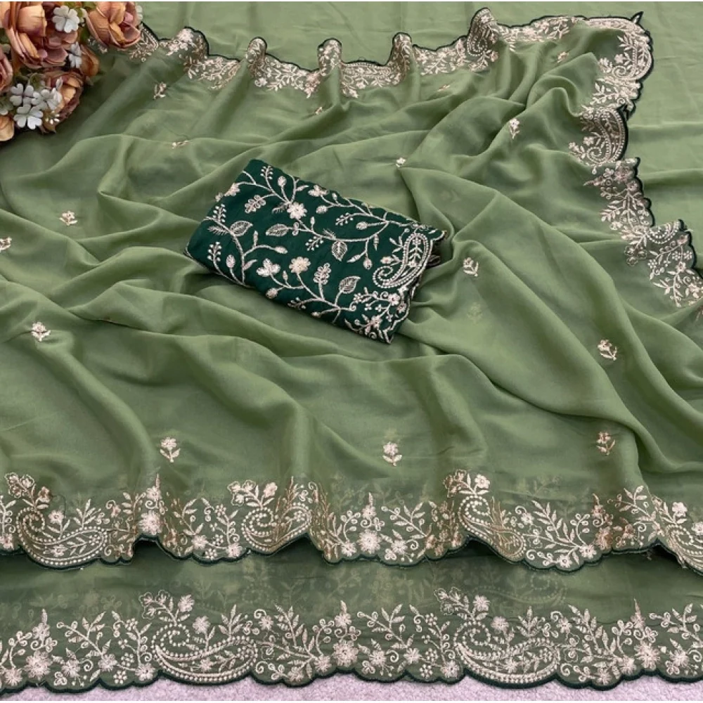 Women's Star Georgette Embroidered Saree With Unstitched Blouse 5.5Mtr (Green)    A871692643