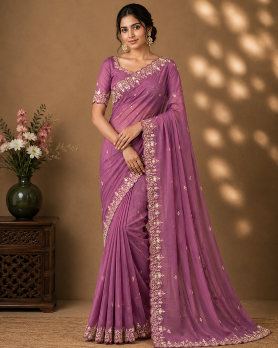 Women's Star Georgette Embroidered Saree With Unstitched Blouse 5.5Mtr (Pink)      A871692644