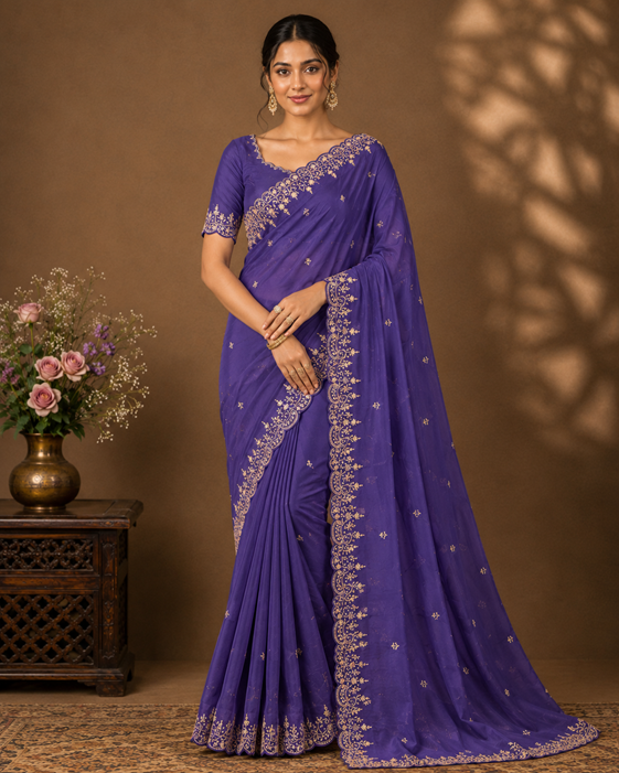 Women's Star Georgette Embroidered Saree With Unstitched Blouse 5.5Mtr (Purple)     A871692645