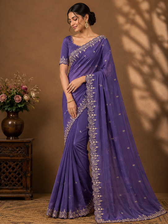 Women's Star Georgette Embroidered Saree With Unstitched Blouse 5.5Mtr (Purple)     A871692645