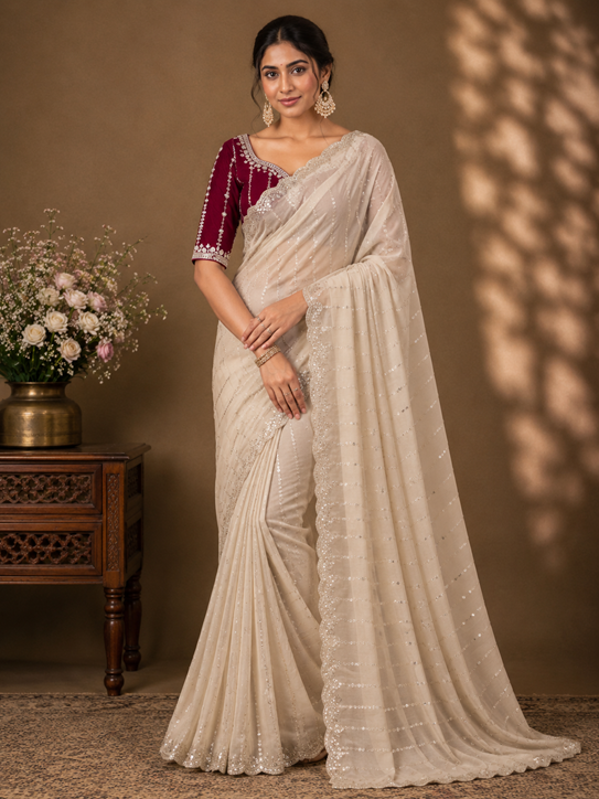 Women's Star Georgette Embroidered Saree With Unstitched Blouse 5.5Mtr (Beige)    A871692615 