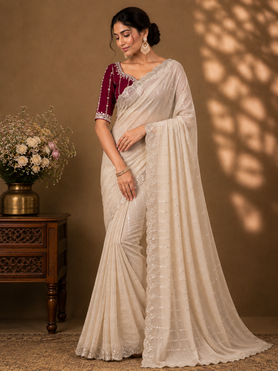 Women's Star Georgette Embroidered Saree With Unstitched Blouse 5.5Mtr (Beige)    A871692615 