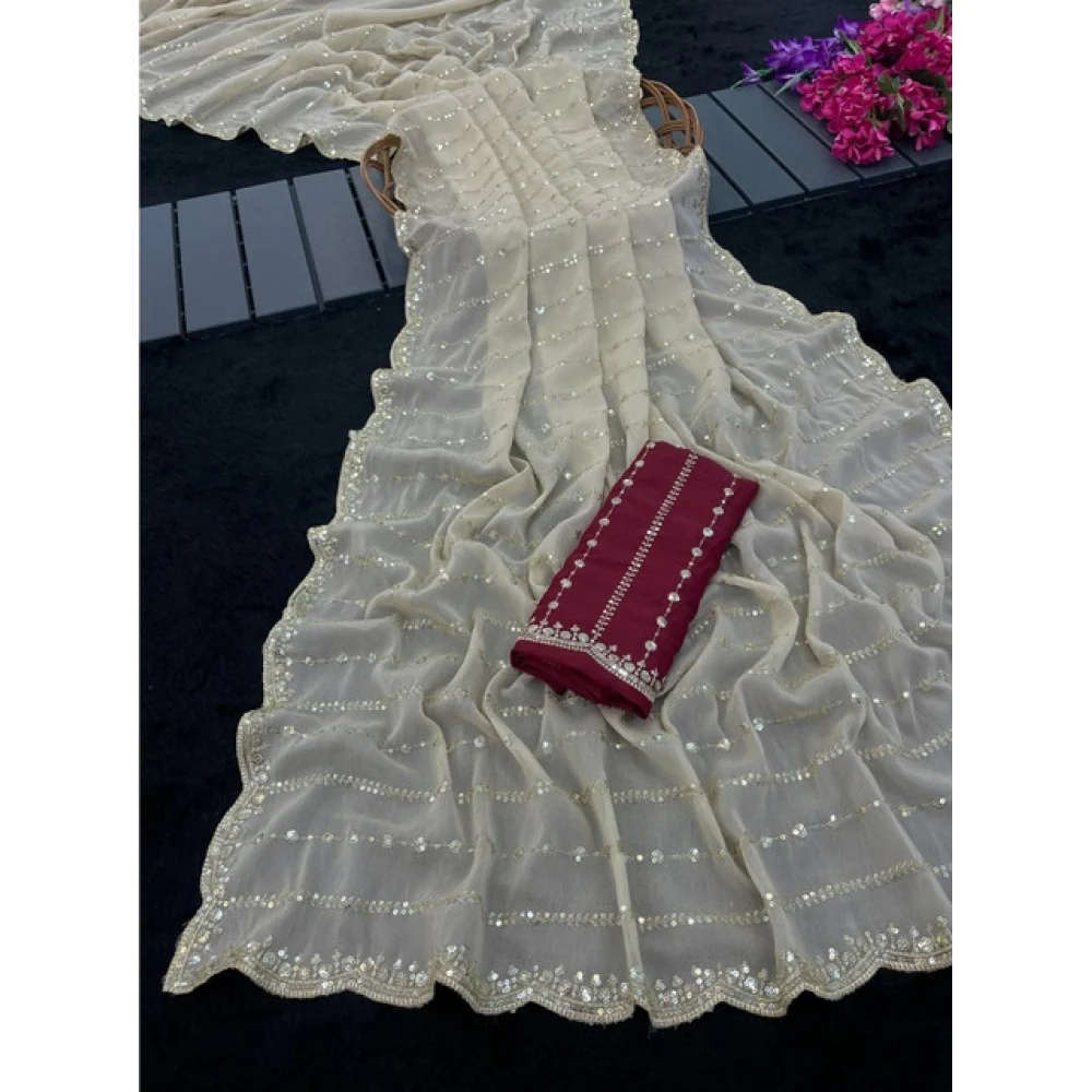 Women's Star Georgette Embroidered Saree With Unstitched Blouse 5.5Mtr (Beige)    A871692615 
