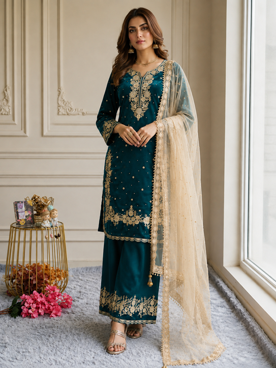 Women's Silk Embroidered 3/4th Sleeve Round Kurti With Palazzo Pant and Dupatta Set (Teal)       A3512222217_XL