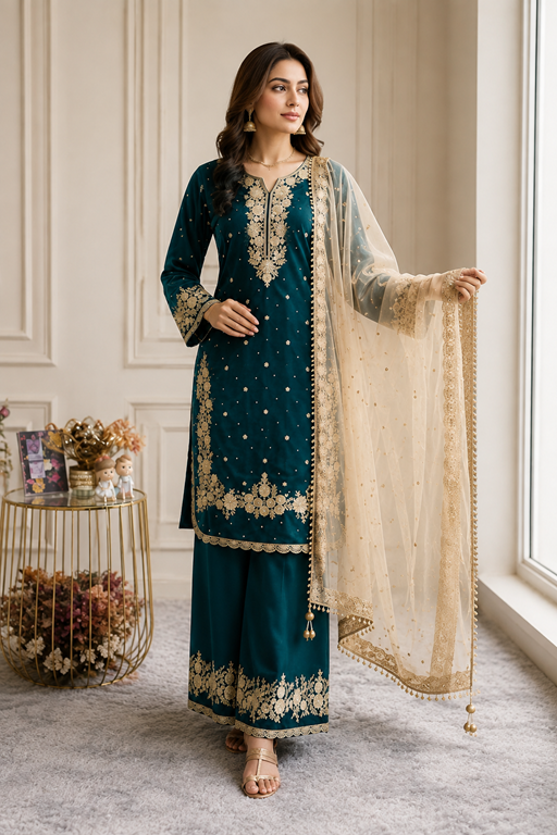 Women's Silk Embroidered 3/4th Sleeve Round Kurti With Palazzo Pant and Dupatta Set (Teal)       A3512222217_XL