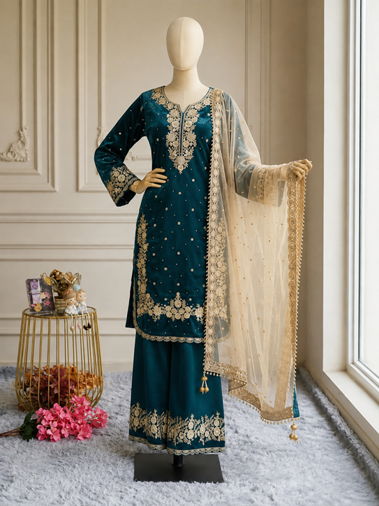 Women's Silk Embroidered 3/4th Sleeve Round Kurti With Palazzo Pant and Dupatta Set (Teal)       A3512222217_XL