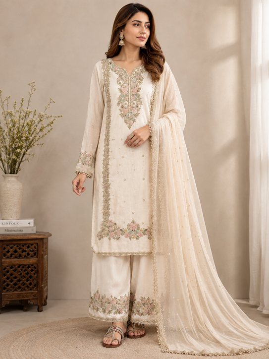 Women's Silk Embroidered 3/4th Sleeve Round Kurti With Palazzo Pant and Dupatta Set (White)       A3512222219_L