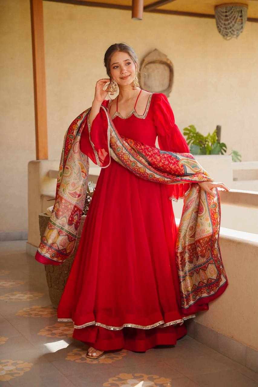 Premium Ruby Red Anarkali 3-Piece Set