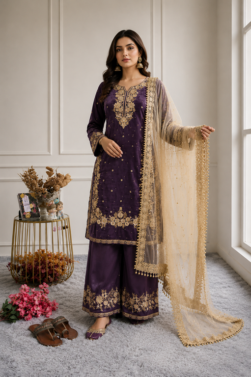 Women's Silk Embroidered 3/4th Sleeve Round Kurti With Palazzo Pant and Dupatta Set (Purple)      A3512222218_L