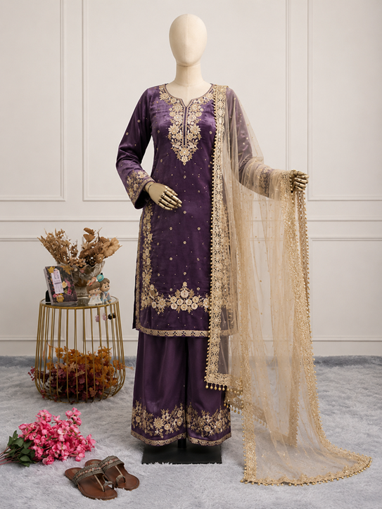 Women's Silk Embroidered 3/4th Sleeve Round Kurti With Palazzo Pant and Dupatta Set (Purple) A3512222218_L