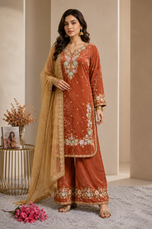 Women's Silk Embroidered 3/4th Sleeve Round Kurti With Palazzo Pant and Dupatta Set (Orange)      A3512222215_L