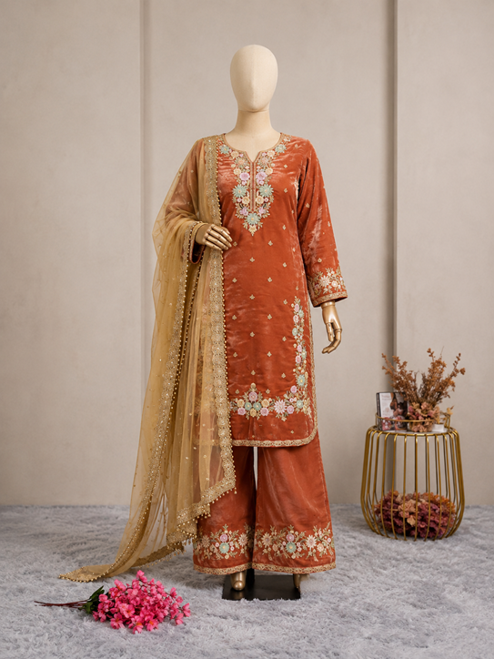 Women's Silk Embroidered 3/4th Sleeve Round Kurti With Palazzo Pant and Dupatta Set (Orange) A3512222215_L