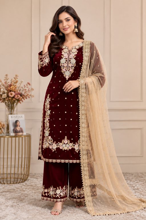 Women's Silk Embroidered 3/4th Sleeve Round Kurti With Palazzo Pant and Dupatta Set (Maroon)       A3512222213_L
