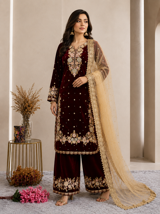 Women's Silk Embroidered 3/4th Sleeve Round Kurti With Palazzo Pant and Dupatta Set (Maroon)       A3512222213_L