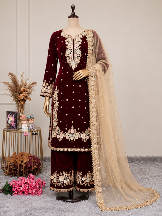 Women's Silk Embroidered 3/4th Sleeve Round Kurti With Palazzo Pant and Dupatta Set (Maroon)       A3512222213_L