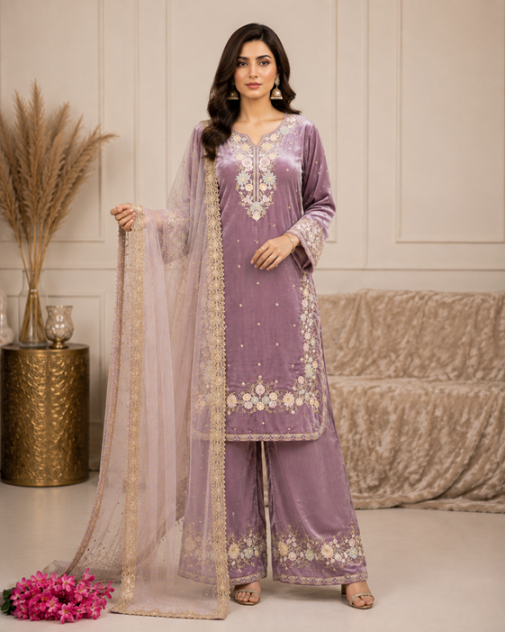 Women's Silk Embroidered 3/4th Sleeve Round Kurti With Palazzo Pant and Dupatta et (Lavender)        A3512222216_L