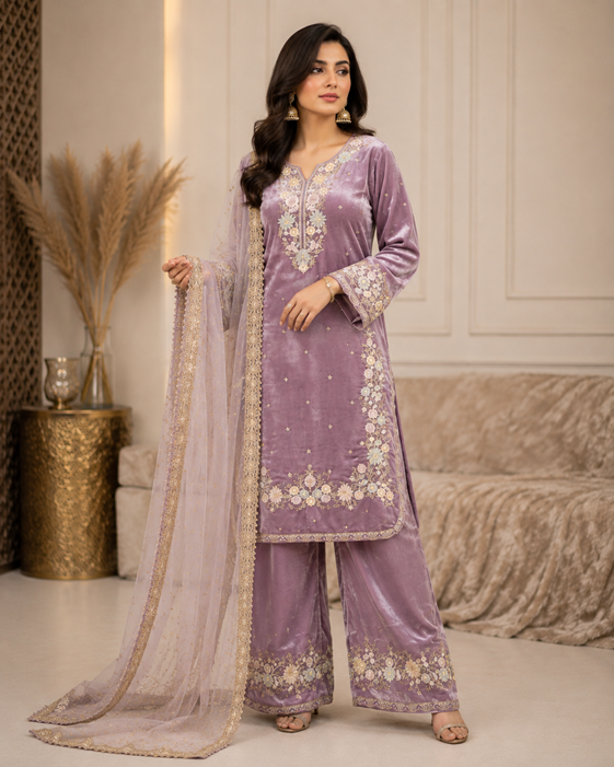 Women's Silk Embroidered 3/4th Sleeve Round Kurti With Palazzo Pant and Dupatta et (Lavender)        A3512222216_L