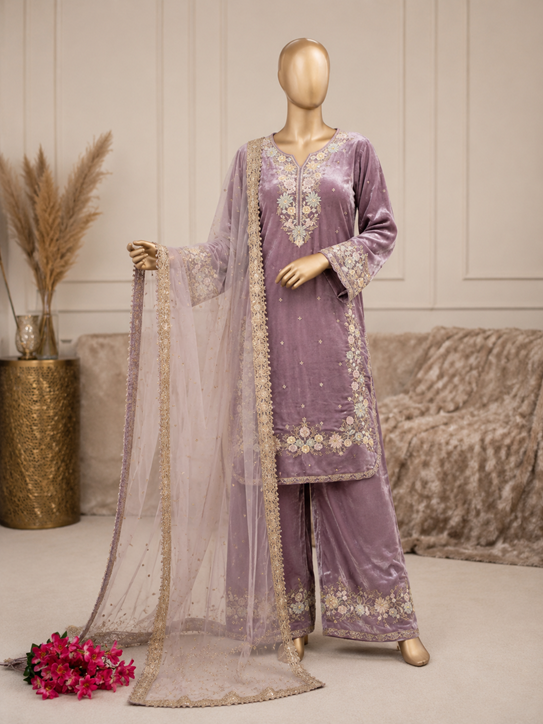 Women's Silk Embroidered 3/4th Sleeve Round Kurti With Palazzo Pant and Dupatta et (Lavender)        A3512222216_L