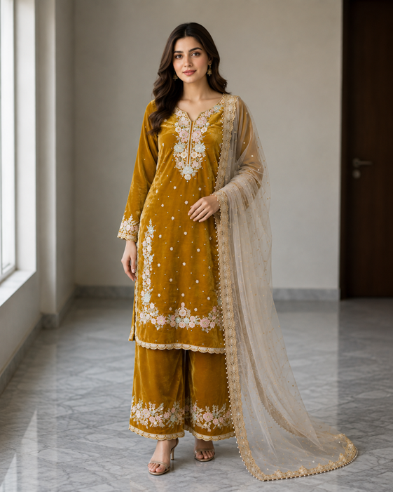 Women's Silk Embroidered 3/4th Sleeve Round Kurti With Palazzo Pant and Dupatta Set (Gold)        A3512222212_L