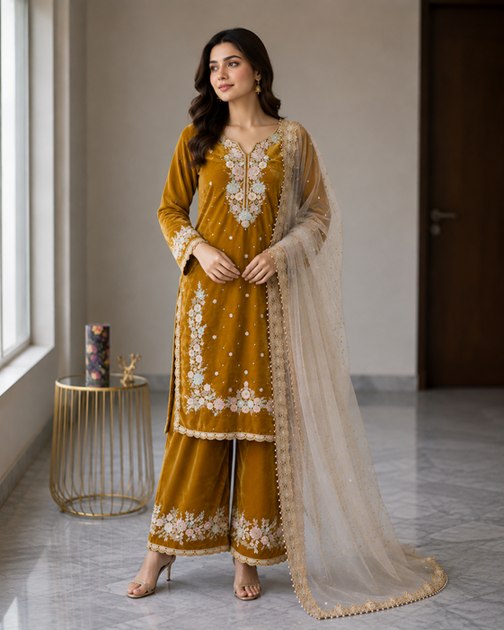 Women's Silk Embroidered 3/4th Sleeve Round Kurti With Palazzo Pant and Dupatta Set (Gold)        A3512222212_L